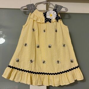 Girls 2T yellow gingham dress black gingham straps ruffles bees Emily rose